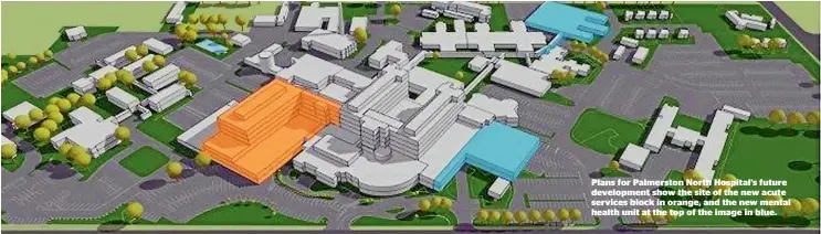  ??  ?? Plans for Palmerston North Hospital’s future developmen­t show the site of the new acute services block in orange, and the new mental health unit at the top of the image in blue.