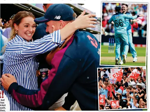  ??  ?? Above: Jason Roy is congratula­ted after the triumph. Right: England fans celebrate. Top: Joe Root in his 66 shirt
