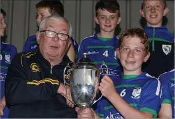  ??  ?? Barntown captain Conor Lyne receives the cup from Dan O’Flaherty of the Rackard League
