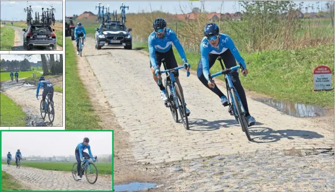  ??  ?? SOBRE ADOQUINES. Mikel Landa, Nairo Quintana, Alejandro Valverde, Marc Soler, Imanol Erviti y Jasha Sütterling reconocier­on la novena etapa del Tour del 15 de julio.