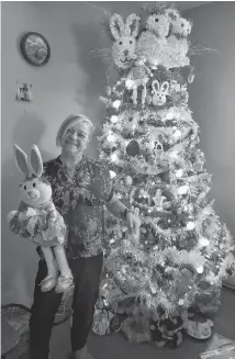  ??  ?? Bay Bulls, N.L., resident Donna Lynch decorates a tree for every occasion, including COVID-19. At left, Lynch holds a basket of Easter eggs in front of her Easter-themed tree. At right, Lynch decked out her Christmas tree with items like face masks, gloves, and toilet paper, topping it off with a licence plate that reads STAY HOME YEAR 2020.