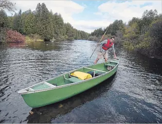  ?? DAVID BEBEE RECORD STAFF ?? Greg Mercer guides his Coleman canoe over a shallow rocky area of the Eramosa River outside of Guelph, as part of the Record’s The Watershed series.