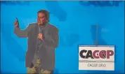  ?? RINGO H.W. CHIU — ASSOCIATED PRESS ?? Steve Bannon, a former White House adviser to President Donald Trump, speaks at the California Republican Convention in Anaheim on Friday. Bannon wants to oust Republican senators he feels are disloyal to President Donald Trump.