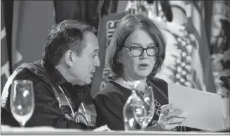  ?? CP PHOTO ?? Indigenous Services Minister Jane Philpott speaks with Assembly of First Nations Chief Perry Bellegarde following her address to the Assembly of First Nations Special Chiefs meeting in Ottawa Wednesday.