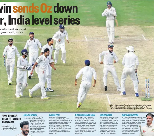  ?? REUTERS ?? After a disastrous first Test in Pune, the Indian team, led by captain Virat Kohli, celebrates the winning moment in Bangalore. The 75run win levels the fourTest series against Australia.