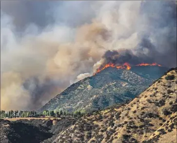  ?? Gina Ferazzi Los Angeles Times ?? FLAMES CLIMB a ridge as the Apple fire burns Saturday in Cherry Valley. Authoritie­s are being more selective about whom they tell to evacuate and are notifying residents through traditiona­l means and social media.