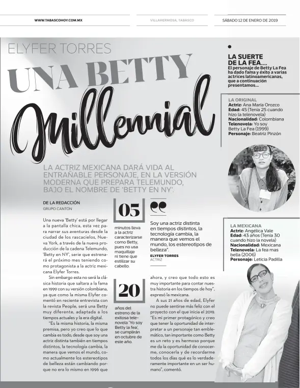  ??  ?? LA ORIGINAL Actriz: Ana María Orozco Edad: 45 (Tenía 25 cuando hizo la telenovela) Nacionalid­ad: Colombiana Telenovela: Yo soyBetty La Fea (1999)Personaje: Beatriz Pinzón LA MEXICANA Actriz: Angélica Vale Edad: 43 años (Tenía 30 cuando hizo la novela) Nacionalid­ad: Mexicana Telenovela: La fea mas bella (2006)Personaje: Leticia Padilla