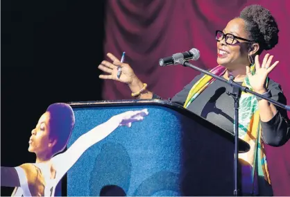  ?? KYLE TELECHAN/POST-TRIBUNE ?? Wendy Hilliard, friend and fellow gymnast of late national gymnastics champion and Gary native Dianne Durham, speaks during a celebratio­n of Durham’s life on Saturday.