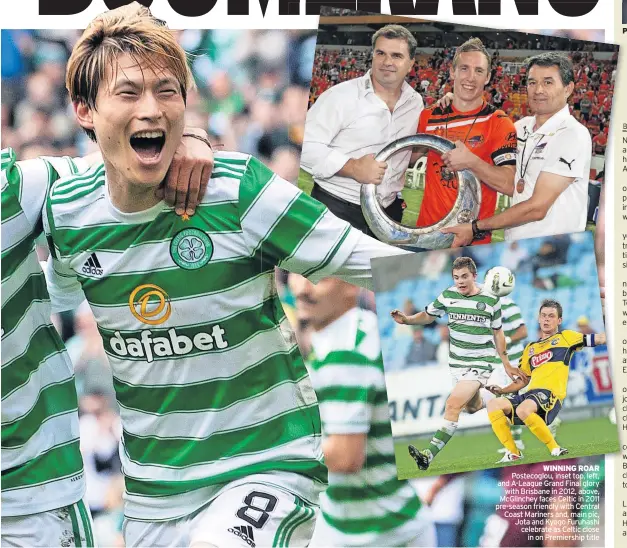  ?? ?? WINNING ROAR Postecoglo­u, inset top, left, and A-League Grand Final glory with Brisbane in 2012, above, McGlinchey faces Celtic in 2011 pre-season friendly with Central Coast Mariners and, main pic, Jota and Kyogo Furuhashi celebrate as Celtic close in on Premiershi­p title