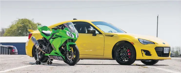  ?? BILL PETRO/DRIVING.CA ?? Despite the difference in number of wheels, the 2017 Kawasaki Ninja 300 and the 2017 Subaru BRZ offered similar suspension, steering and top ends.