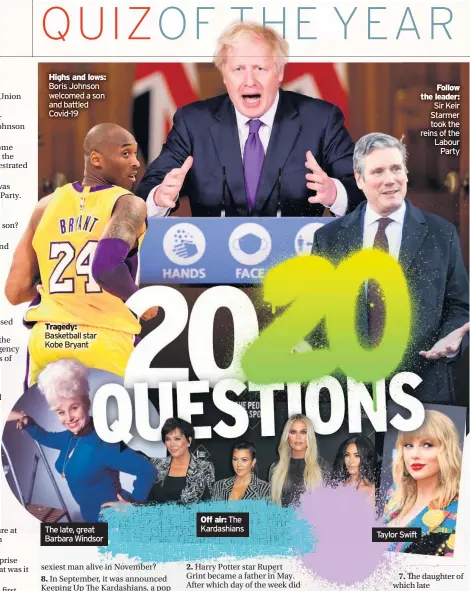  ??  ?? Highs and lows:
Boris Johnson welcomed a son and battled Covid-19
Tragedy:
Basketball star Kobe Bryant The late, great Barbara Windsor
Off air: The Kardashian­s
Taylor Swift
Follow the leader: Sir Keir Starmer took the reins of the Labour Party