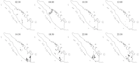  ??  ?? 图 3苏门答腊岛 2015 年 10 月 15 日 Himawari-8 火点分布Fig. 3 Spatial distributi­on of Himawari-8 hotspots in Sumatra on October 15, 2015