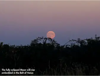  ??  ?? The fully eclipsed Moon will rise embedded in the Belt of Venus