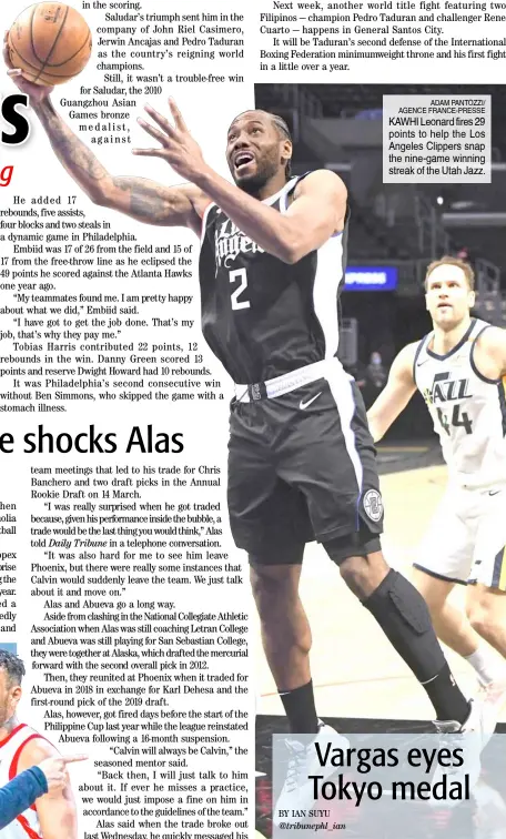  ??  ?? ADAM PANTOZZI/ AGENCE FRANCE-PRESSE KAWHI Leonard fires 29 points to help the Los Angeles Clippers snap the nine-game winning streak of the Utah Jazz.