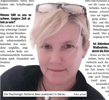  ?? Foto: privat ?? Die Psychologi­n Stefanie Beer praktizier­t in Dénia.