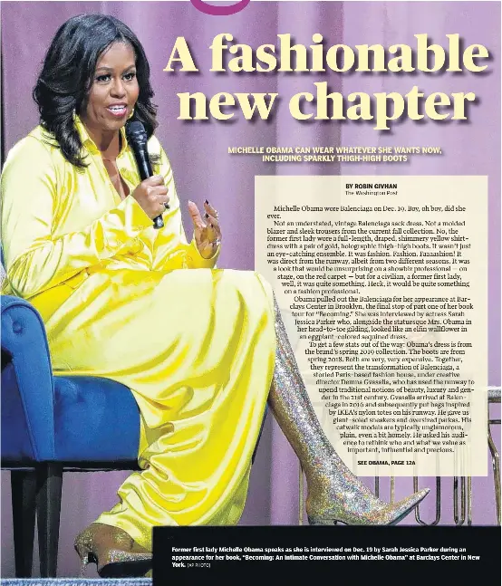  ?? [AP PHOTO] ?? Former first lady Michelle Obama speaks as she is interviewe­d on Dec. 19 by Sarah Jessica Parker during an appearance for her book, “Becoming: An Intimate Conversati­on with Michelle Obama” at Barclays Center in New York.