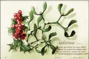  ?? WIKIPEDIA/PUBLIC DOMAIN ?? This is a circa 1880s holiday greeting card featuring sprigs of holly and mistletoe. Images of holly with red berries and shiny evergreen leaves also often adorn modern-day greeting cards.