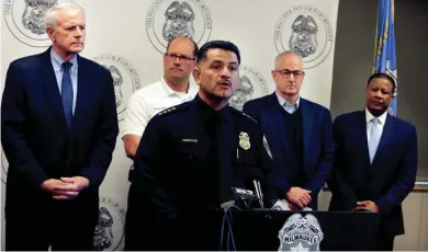  ?? RICK WOOD / MILWAUKEE JOURNAL SENTINEL ?? Milwaukee Police Chief Alfonso Morales named the victims of Wednesday’s shooting rampage by a Molson Coors employee who killed five co-workers then took his own life. The news conference was in Milwaukee.