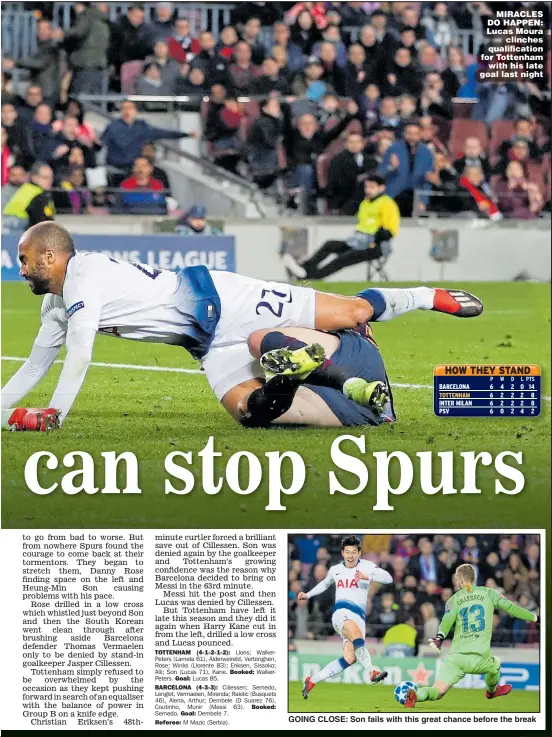  ??  ?? MIRACLES DO HAPPEN: Lucas Moura clinches qualificat­ion for Tottenham with his late goal last night