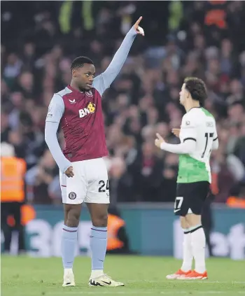  ?? GETTY IMAGES ?? Jhon Duran of Aston Villa scored twice in three minutes in the dying minutes against Liverpool.