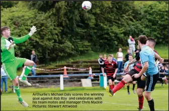  ??  ?? Arthurlie’s Michael Daly scores the winning goal against Rob Roy and celebrates with his team mates and manager Chris Mackie Pictures: Stewart Attwood