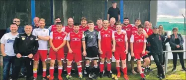  ??  ?? The Pupils’ squad, management and supporters after the club’s historic first senior win, away to Harthill Royal.