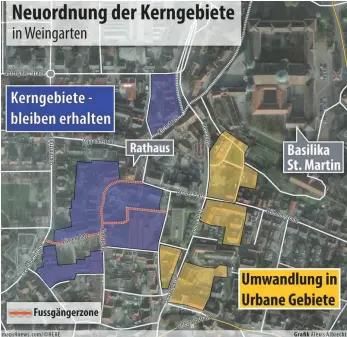  ??  ?? Die Grafik zeigt die angedachte Neuordnung der Kerngebiet­e in Weingarten.