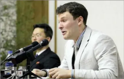  ?? KOREAN CENTRAL NEWS AGENCY — KOREA NEWS SERVICE VIA AP ?? In this photo, American student Otto Warmbier cries while speaking to reporters in Pyongyang, North Korea. The family of Warmbier who died days after being released from North Korea in a coma says the 22-year-old “has completed his journey home.”...