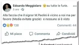  ??  ?? Su Facebook il post furente di Edoardo Meggiolaro, il figlio della vittima