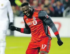  ?? DAVE ABEL / POSTMEDIA NEWS ?? Jozy Altidore of Toronto FC celebrates one of his two goals against Real Salt Lake at BMO Field on Friday.