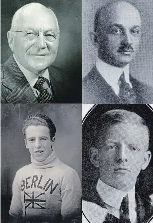  ?? DAVID WESTFALL. ?? Four men, all now in the Hall of Fame were integral to Kitchener’s new swimming pool in 1929-1930. (Top Left) C.D. “Buller” Pequegnat, swimming pool committee member after spearheadi­ng citizens’ original campaign. Photo courtesy Waterloo Region Hall of Fame. (Top right) A.R. Kaufman, powerful in committees and beneficial with money. (Bottom right) Mayor William P. Clement sat on all three main bodies determinin­g the pool site. (Bottom left) Irvin Erb, avid sportsman, seen in team uniform of 19-teens, was a tireless pool advocate.