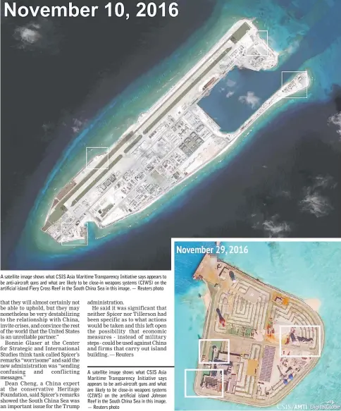  ??  ?? A satellite image shows what CSIS Asia Maritime Transparen­cy Initiative says appears to be anti-aircraft guns and what are likely to be close-in weapons systems (CIWS) on the artificial island Fiery Cross Reef in the South China Sea in this image. —...