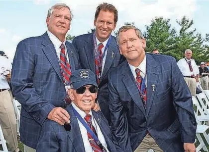  ?? ?? The Gahms, the founding family of Valhalla Golf Club in Louisville, Ky., are seen at the 2008 Ryder Cup, which was held at the course: Dwight Gahm (sitting) along with his three sons, (standing, from left) Walt, Gordy and Phil. Valhalla was built on land that was once the family farm. The club will host the PGA Championsh­ip May 16-19.