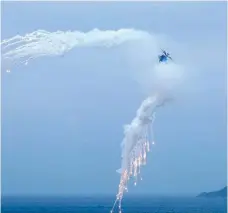  ?? SHOW OF MIGHT: — AFP ?? A US-made Apache helicopter releases flares during the “Han Kuang” (Han Glory) live-fire drill, some 7 kms from the city of Magong on the outlying Penghu islands on Thursday. Taiwan forces conducted live-fire war games in its biggest annual military...