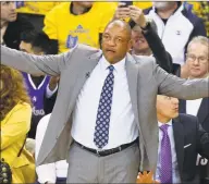  ?? Santiago Mejia / The San Francisco Chronicle ?? Clippers coach Doc Rivers reacts during Game 2 of the 2019 Western Conference playoffs against the Warriors in Oakland, Calif.