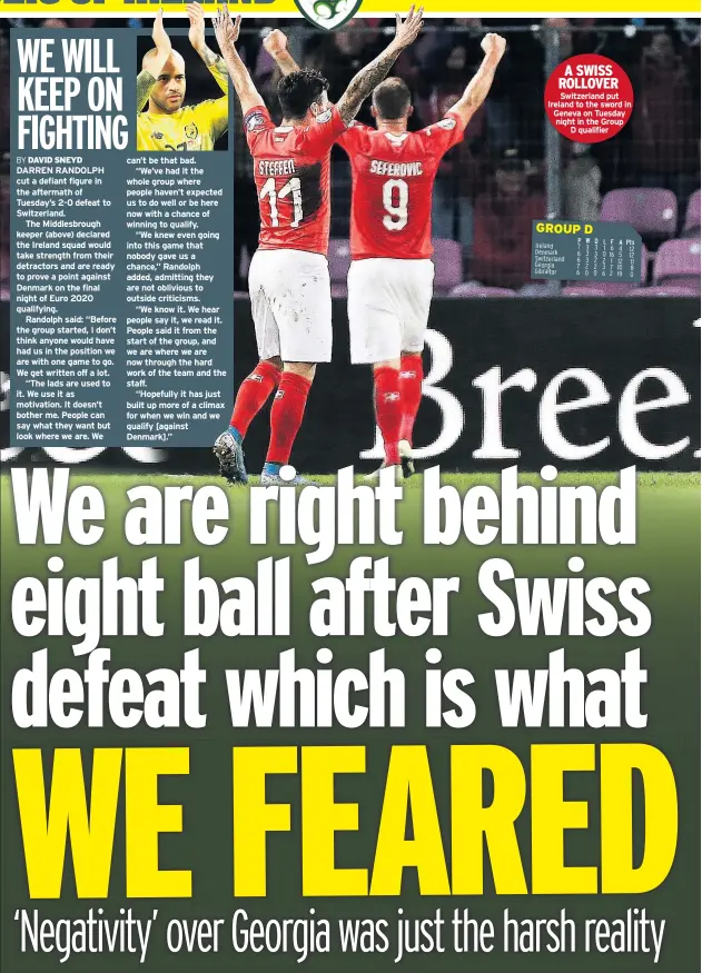  ??  ?? A SWISS ROLLOVER Switzerlan­d put Ireland to the sword in Geneva on Tuesday night in the Group D qualifier