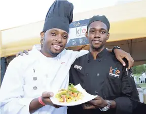  ??  ?? Chefs Alex D Great (left) and Adrian Haughton of Knotts Francis Eventures (KFE) Catering with their smoky jerk lamb penne pasta.