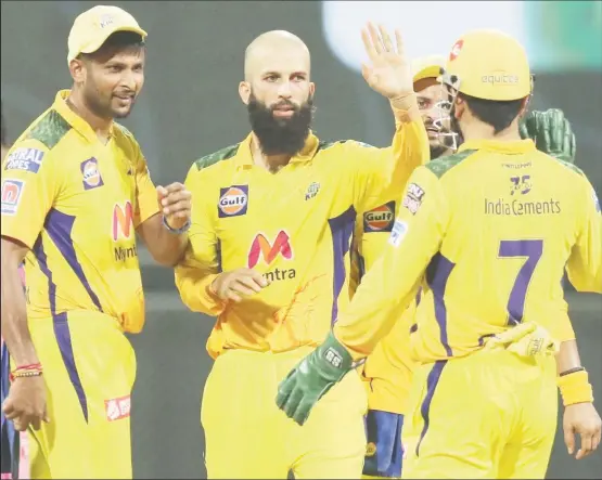  ??  ?? Moeen Ali scalped three wickets, conceding just seven runs as Chennai Super Kings beat Rajasthan Royals by 45 runs to seal their second win of the season.