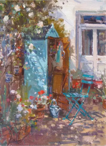  ?? ?? ◀ The Potting Shed, oil on board, 153/4312in (40330cm).
‘This is one of my regular subjects. The focal point here is the morning light and the shadows on the shed. I painted it during lockdown in 2020.’