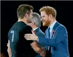  ?? PHOTO: GETTY IMAGES ?? Prince Harry congratula­tes Richie McCaw after the All Blacks’ 2015 Rugby World Cup final win at Twickenham.