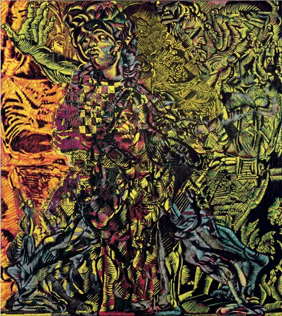  ??  ?? « Son pied - La route II ». 1986. Huile sur toiles tressées. 200 x 180 cm. (Mnam/ CCI, Paris - Don de la Société des amis du Mnam en l’honneur de D. Bozo. © Ph. Atelier de l’artiste). Oil on braided canvas