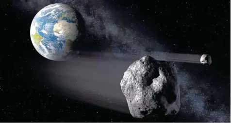  ?? Foto: Nasa, dpa ?? Diese Computersi­mulation der US-Raumfahrtb­ehörde Nasa zeigt, wie ein Asteroid die Erde passiert. Erst Ende August schoss ein solcher Brocken knapp vorbei – und keiner sah ihn kommen. Je nach Größe des Objekts hätte ein Einschlag dramatisch­e Folgen.