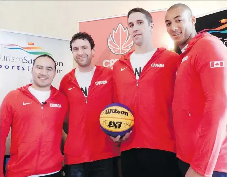  ?? JEFFLOSIE ?? From left, Michael Linklater, Steve Sir, Michael Lieffers and Nolan Brudehl will compete as Team Canada this summer at FIBA 3x3 World Tour events, including the Saskatoon stop on July 21-22. “This is where we picked up the basketball,” Linklater said...