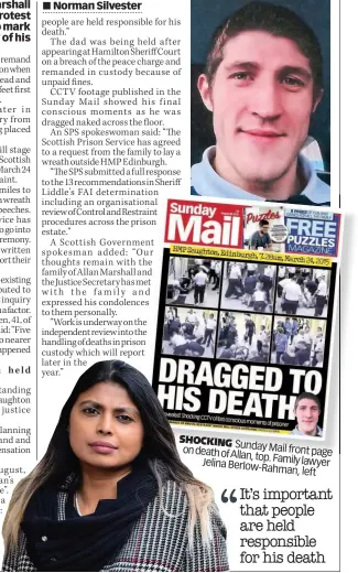  ??  ?? SHOCKING Sunday on death Mail front page of Allan, top. Family
Jelina Berlow- lawyer Rahman, left