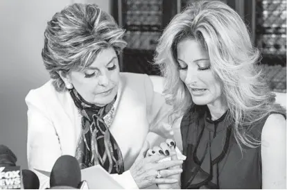  ?? RINGO H.W. CHIU/AP ?? Summer Zervos, right, a former contestant on "The Apprentice" reads a statement describing how Republican presidenti­al candidate Donald Trump made unwanted sexual contact with her at a Beverly Hills hotel in 2007.