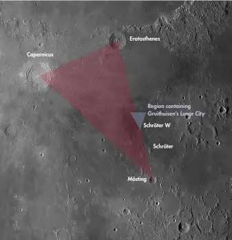  ??  ?? Copernicus Eratosthen­es Mösting Region containing Gruithuise­n’s Lunar CitySchröt­er W Schröter In 1824 Franz von Paula Gruithuise­n thought he had spotted evidence of a lunar civilisati­on