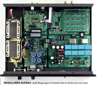  ??  ?? MODULARER AUFBAU: Jede Baugruppe im Inneren des La Scala sitzt auf einer eigenen Platine. Ganz links die magnetisch abgeschirm­ten Transforma­toren, oben rechts erkennt man das Wandlerboa­rd. Unten rechts die analogen Komponente­n und die Röhren.