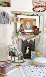  ??  ?? BELOW This bedroom belongs to Sadie’s youngest son, Emmanuel. The rocking chair was found at Ardingly Internatio­nal Antiques & Collectors Fair. Pick up pom-poms and bunting in a similar style at Talking Tables.