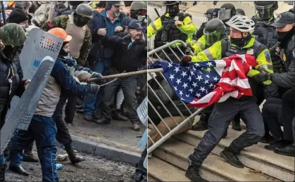  ??  ?? SPOT THE DIFFERENCE: Mobs in Kiev, left, were backed by liberals who condemned similar scenes in Washington, right