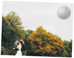  ??  ?? Fantasy wedding: from left, Simon and Heather are welcomed to their reception by Jedi knights, the Lord of the Rings-inspired cake and a photograph with the Death Star from Star Wars